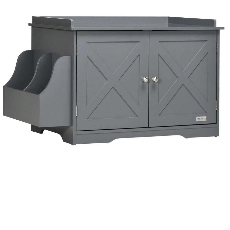 PawHut Wide & Large Cat Litter Box Furniture Hidden Farmhouse Table With Magnetic Doors, Big Covered Kitty Litter Box Enclosure Cabinet With Shelves, Pet Furniture Cat Gift Side Table, Grey - Màu xám đen - Xem 1