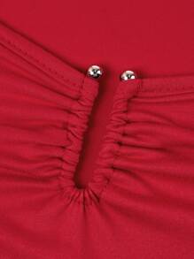 女士方领性感V领装饰纽扣长袖褶皱荷叶边优雅连衣裙，适合婚礼、约会、晚宴和其他场合。 - 玫瑰紅 - 查看 7