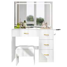Dressing Table With Mirror, Cosmetic Table With 4 Drawers, Lighting, Socket, White - White - View 2