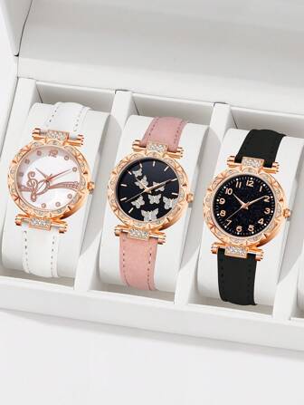 3 件装女士多色 PU 皮革表带手表套装简约时尚百搭圆形表盘石英表套装节日礼物适合日常服装搭配