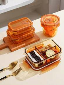 1pc Rectangular Glass Lunch Box, Microwavable Meal Container, Office Worker Food Storage Box, Round Shape