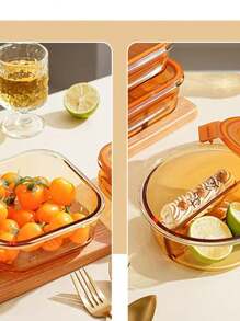 1pc Rectangular Glass Lunch Box, Microwavable Meal Container, Office Worker Food Storage Box, Round Shape