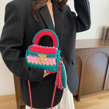 1pc Handwoven Contrast Color Cloth Strap Women Handbag, Colorful Contrast Color Fashionable Casual Tote Bag With Removable Strap & Handle, Spacious Shoulder Bag For Daily Use, Gift For Friends - Multicolor - View 4