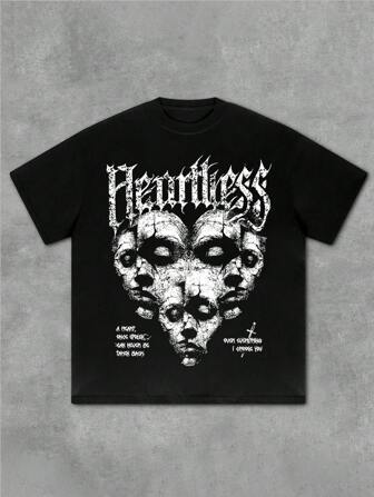 1 件男式超大落肩圆领 T 恤，深色 Y2K 图案印花