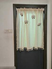 1pc Bohemian Checkered Linen Curtain, Sheer Floral Patterned Boho Style Curtain, Transparent Room Divider Curtain For Bedroom, Living Room, Home Decor, All Season
