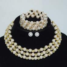 3 件套时尚夸张项圈、仿珍珠项链、珍珠和水钻多层颈链首饰、情人节礼物、妈妈、母亲、母亲节、礼物 - 金色 - 查看 1