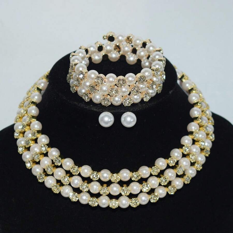 3 件套时尚夸张项圈、仿珍珠项链、珍珠和水钻多层颈链首饰、情人节礼物、妈妈、母亲、母亲节、礼物 - 金色 - 查看 1