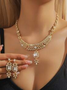 3pcs Luxurious & Elegant Full Rhinestone Leaf Design Jewelry Set, Wedding, Party, Holiday Gift - Multicolor - View 6