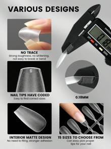 300PCS YOKEFELLOW False Nail Tips Almond/Coffin/Square/Oval, 15 Sizes Ultra-Thin Frosted Full Cover Press On Nails, Seamless Fit & Natural False Nails Women For Fast & Portable Nail Art DIY Press On Acrylic Nail At Home And For A Gift - Clear - View 6