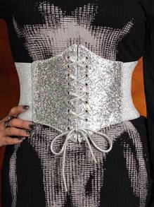 1 件女士银色闪光松紧腰带，适合日常穿着万圣节服装 - 白色 - 查看 2