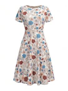 女士春夏花园优雅简约连衣裙，休闲通勤圆领短袖印花及膝 A 字裙，带口袋 - 杏色 - 查看 3