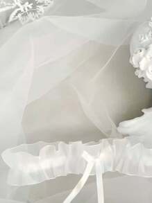 带蝴蝶结装饰的蕾丝吊袜带、弹性性感大腿袜、新娘婚礼配饰、颈链和腿带 - 白色 - 查看 5