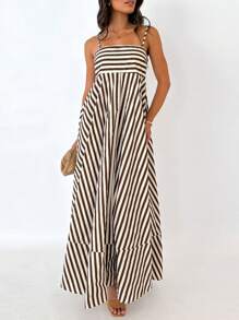 2025 Women Long Cami Dress Stripe/Dot Print Spaghetti Strap Backless A-Line Flowy Dress - màu nâu - Xem 3