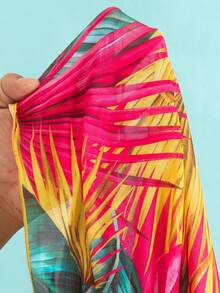 3pcs Set Tropical Print Bandeau Top With Metal Ring, Tie Side Triangle Bottom Bikini & Allover Print Coverup Skirt, Summer Beach Vacation - Multicolor - View 8