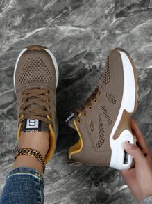 Breathable Knit Sneakers With Letter Decoration, Wedge Design, Multifunctional And Comfortable Sports Shoes With Inner Height Increase And Non-Slip Features, Suitable For Women's Hiking, Street Wear, And Traveling - Khaki - View 4