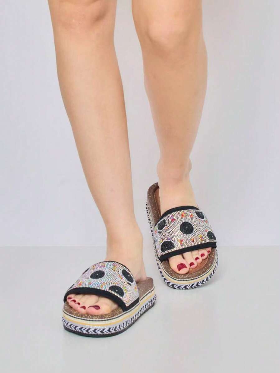 Sommer Mode Sandalen mit Strass Dekor und dicker Sohle, stilvolle Sandalen, Sommer Sandalen für Frauen - Schwarz - Übersicht 1