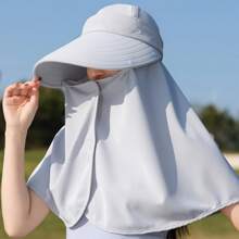 1pc Solid Color Large Brim Hat With Detachable Face Mask, Shoulder Cape For Sun Protection Polyester, Spring Season