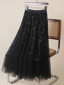 Best Quality Sequin Tulle Skirt Long Shiny Skirt WK-82 - màu đen - Xem 2