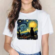 1pc/ 2pcs/3pcs Starry Night Cat Heat Transfer Printing Patch, Mixed Color Vinyl Animal Printing Patch, Suitable For DIY Fashion, Perfect Gift For Cat Enthusiasts, Compatible With Shirts, Jeans, Bags, Cat Clothes