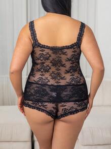 2 piezas Conjunto de lencería sexy de encaje francés talla grande para mujeres, blusa transparente de malla + shorts