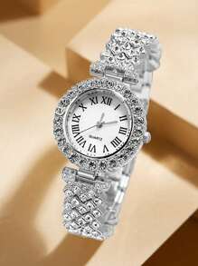 4 PEÇAS Conjunto de Relógio de Pulso Feminino com Pulseira de Liga de Prata, Luxuoso com Pedrinhas e Números Romanos, Mostrador Redondo, Relógio de Quartzo, Conjunto Adequado para Combinar com Vestuário Diário