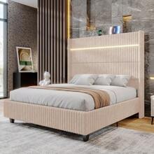 Corduroy Upholstered Platform Bed Frame With LED Lights, 60" Tall Wingback Headboard & Charging Station – No Box Spring Required - Beige - View 9