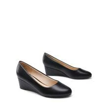 Women's Low Wedges Heels Pumps Round Toe Comfortable Casual Solid Color Slip On Dress Work Wedding Shoes - 黑色 - 查看 7