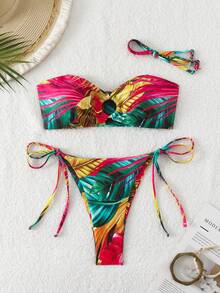 3pcs Set Tropical Print Bandeau Top With Metal Ring, Tie Side Triangle Bottom Bikini & Allover Print Coverup Skirt, Summer Beach Vacation - Multicolor - View 4