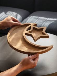 1pc Star & Moon Wooden Tray, Natural Wood Color, Home Decor