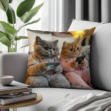 1pc 17.7*17.7 Inch (45*45cm) Couple Cat Playing Game Print Polyester Pillow Cover [Single-Sided Print][Pillow Inner Not Included], Suitable For Home Decor, Sofa, Bed, Car, Etc.