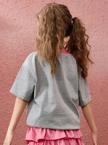 ASK JUNIOR 青少年女孩短袖 T 恤,可爱图案印花圆领休闲 T 恤 - 灰色 - 查看 5