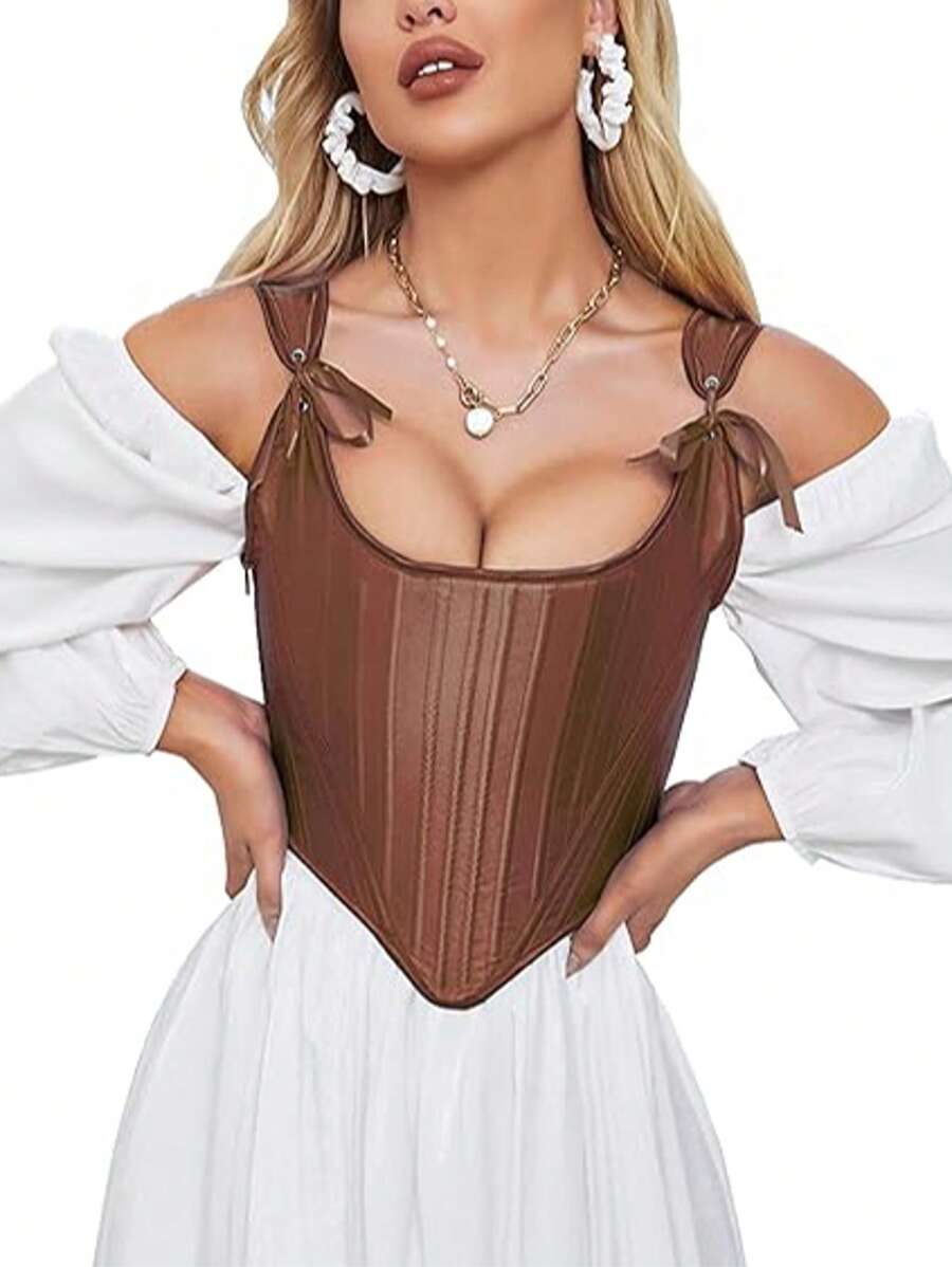 Alivila.Y Fashion Womens Vintage Asymmetrical Hem Overbust Corset Tie Front Lace-Up Back Bustier Shapewear Top - 棕色 - 查看 1