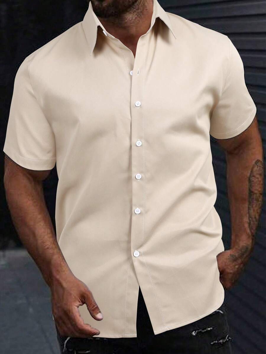 男士纯色单排扣短袖钱布雷衬衫，适合日常休闲穿着，是送给男朋友的绝佳礼物 - 卡其色 - 查看 1