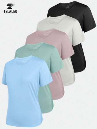 TELALEO 5 件装 女士健身上衣 短袖运动 T 恤 速干网球瑜伽跑步圆领 T 恤