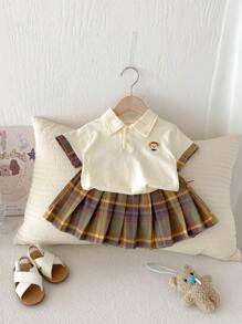 2 件套婴儿/女婴卡通 Polo 衫和褶皱连衣裙套装，夏季