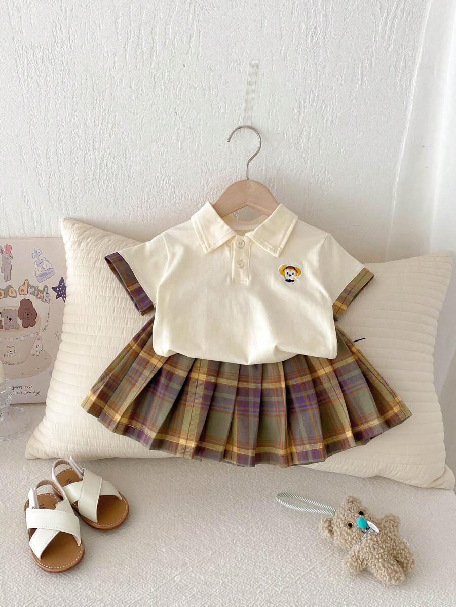 2 件套婴儿/女婴卡通 Polo 衫和褶皱连衣裙套装，夏季