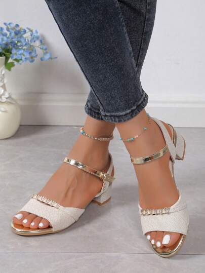 Women's Crystal High Heel Shoes, New Faux Pearl Slip On Slippers, Fashion Chunky Heeled Strap Sandals