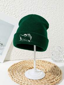1 pieza Gorro de punto con bordado acrílico de estilo casual de calle, estampado de espina de pescado, para hombre, para pesca, senderismo, esquí y deportes al aire libre, para otoño/invierno, cortaviento y cálido