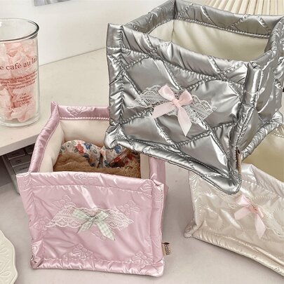 1 Pc Cute Pink Dimensional Bow Or Love Shape Print Storage Basket,Desktop Clutter Storage Basket, Waterproof Cosmetic Storage Basket,For Brushes And Skin Care Products Storage And Organization,Desktop Decor, Makeup Organizer Rack,Plastic Basket,Toy Basket,House Decor,Table Decor,Home Decor Items,Room Decor,Bedroom Decor,Gifts