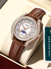 DOM 1pc Women's Fashion Diamond-Studded Moon & Star Dial Mother-Of-Pearl Leather Band Waterproof Wrist Watch