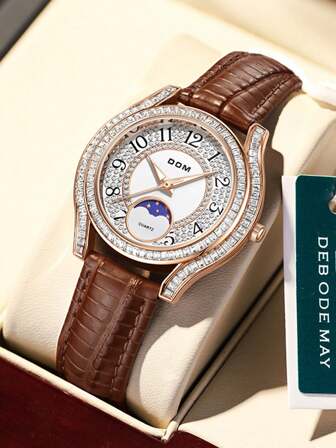 DOM 1pc Women's Fashion Diamond-Studded Moon & Star Dial Mother-Of-Pearl Leather Band Waterproof Wrist Watch