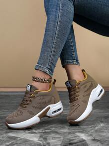 Breathable Knit Sneakers With Letter Decoration, Wedge Design, Multifunctional And Comfortable Sports Shoes With Inner Height Increase And Non-Slip Features, Suitable For Women's Hiking, Street Wear, And Traveling - Khaki - View 2