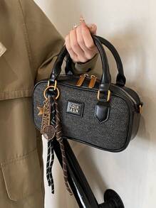 New Soft Leather Boston Tote Bag With Plush Doll Charm, Spacious Shoulder Bag, Suitable For Commuting In All Seasons - Black - View 2