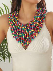 Handwoven Wood Bead V-Shaped Necklace, Exaggerated African Bridal Accessory, Party Decoration, Factory Outlet, Natural Wood Beads, Slight Defects, Occasional Color Difference, Not Seconds, Caution For Those Seeking Perfection