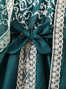 2pcs/Set Young Girl Outdoor Casual Chinese Style Thin Mesh Hollow Jacket And Floral Print Sleeveless A-Line Dress Suit, Suitable For Elementary School Students, Daily Commute, Summer - Dark Green - View 6