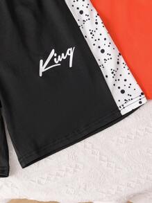 2pcs/Set Toddler Boys' Casual Street Style Colorblock Letter Printed Short Sleeve T-Shirt And Shorts Outfit, Spring/Summer - Orange - View 7
