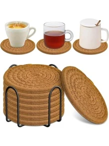8 Pieces Of Absorbent Drink Coasters + Storage Rack, Coffee Table Woven Coasters, Kitchen Table Heat-Resistant Coasters And Thick Insulation Pads - Caramel Color 8 Pieces + Storage Rack - View 3