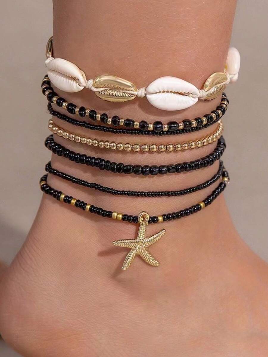 1 Set Nuevo diseño de tobillera versátil con estrella de mar y cadena de conchas, set de accesorios de alta gama para mujeres