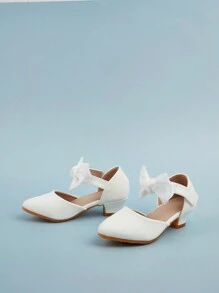 1 双儿童/幼儿蝴蝶结 PU 皮革高跟鞋前扣后开白色优雅时尚百搭公主派对钢琴表演鞋，适合春季、夏季、秋季 - 白色 - 查看 5