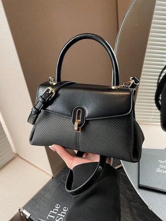 女士新款时尚迷你方形手提包，休闲纯色手提包，带金属装饰的多功能斜挎包，PU 皮革，适合新年装扮、礼物、派对、音乐节，适合青少年、大学生、白领，非常适合大学、工作、商务、通勤、户外、旅行、野餐、办公室、购物